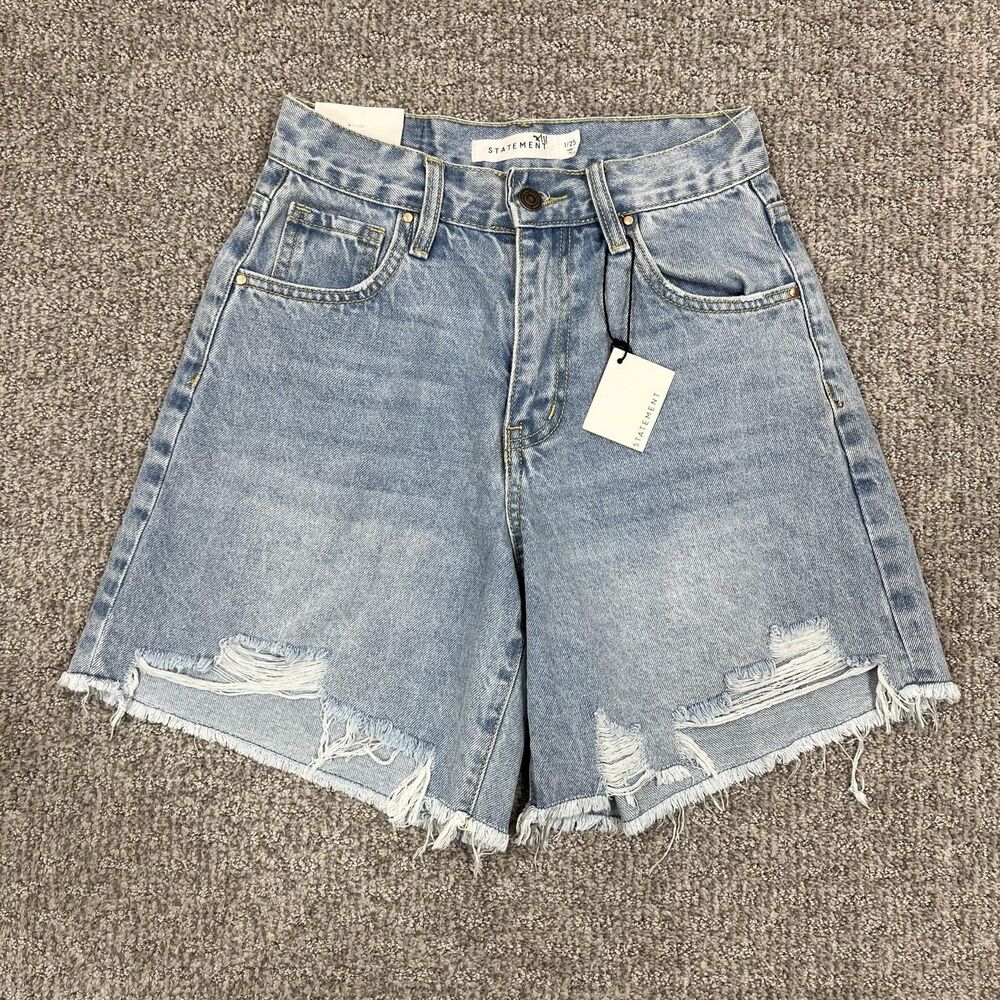 Statement Denim Shorts Womens 25 Blue Jorts Distressed Denim Bermuda Raw Hem